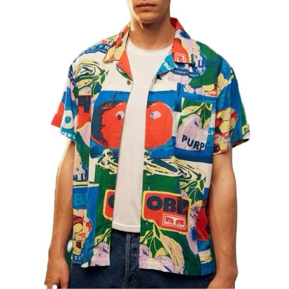 OBEY Fruit Cans Shirt S NWT Graphic Print Camp Collar Festival Streetwear - Picture 1 of 12